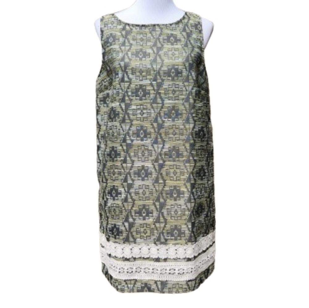 Kensie Green Geo-Print Dress Sleeveless Crochet Knit Trim Exposed Zipper